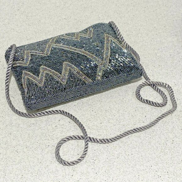Vintage Beaded 1980's Evening Bag Retro Gray & Silver Shoulderbag Dressy Purse - Picture 7 of 8